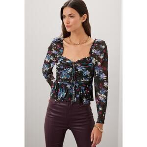 Peter Som Ruched Smocked Tie Sweetheart Long Sleeve Black Floral Peplum Top Sz 2